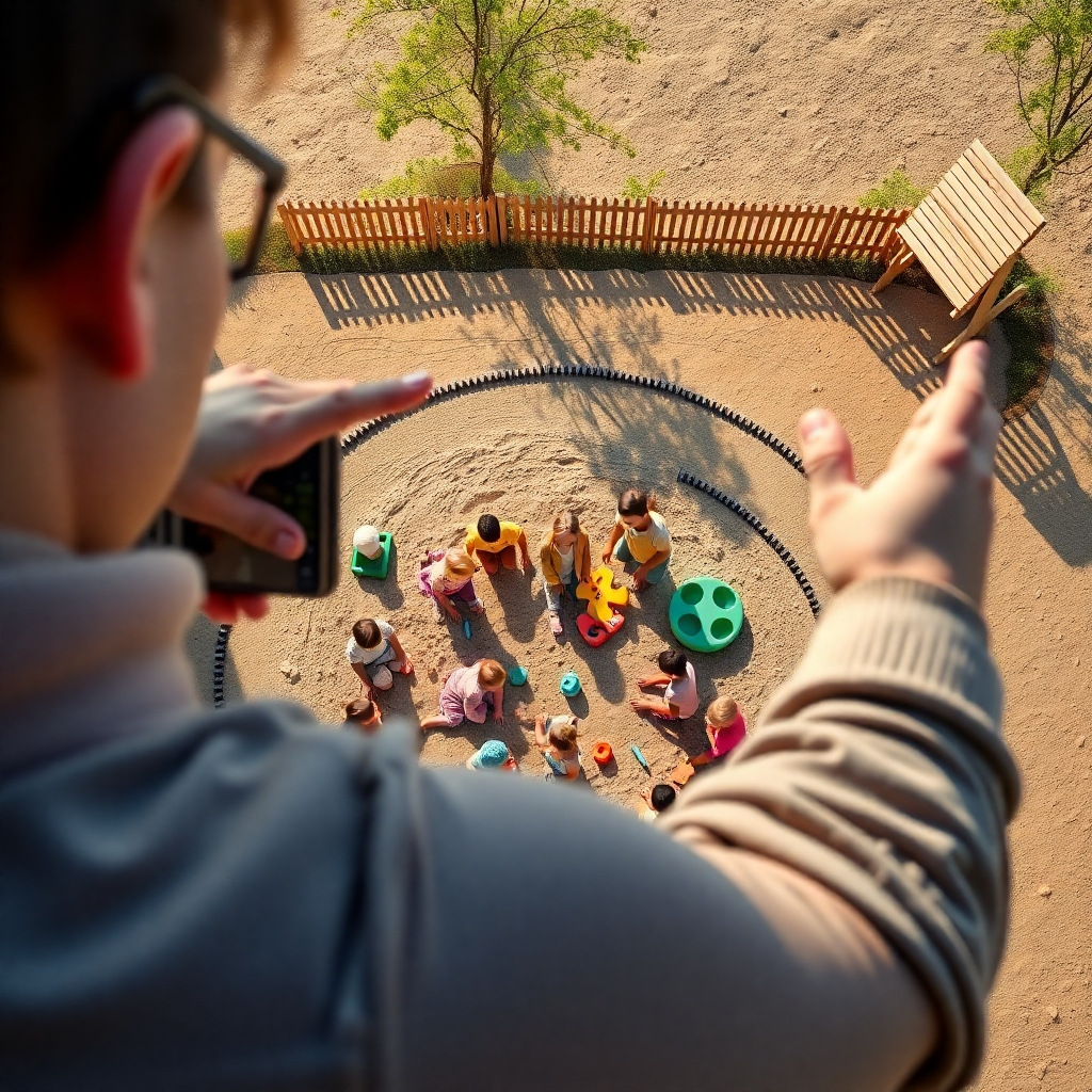 An overhead shot of a playground scene where a childcare worker is composing a photograph of children playing. The framework should include the rule of thirds, with children positioned dynamically around a sandbox, colorful toys and the bright sky visible in the background.