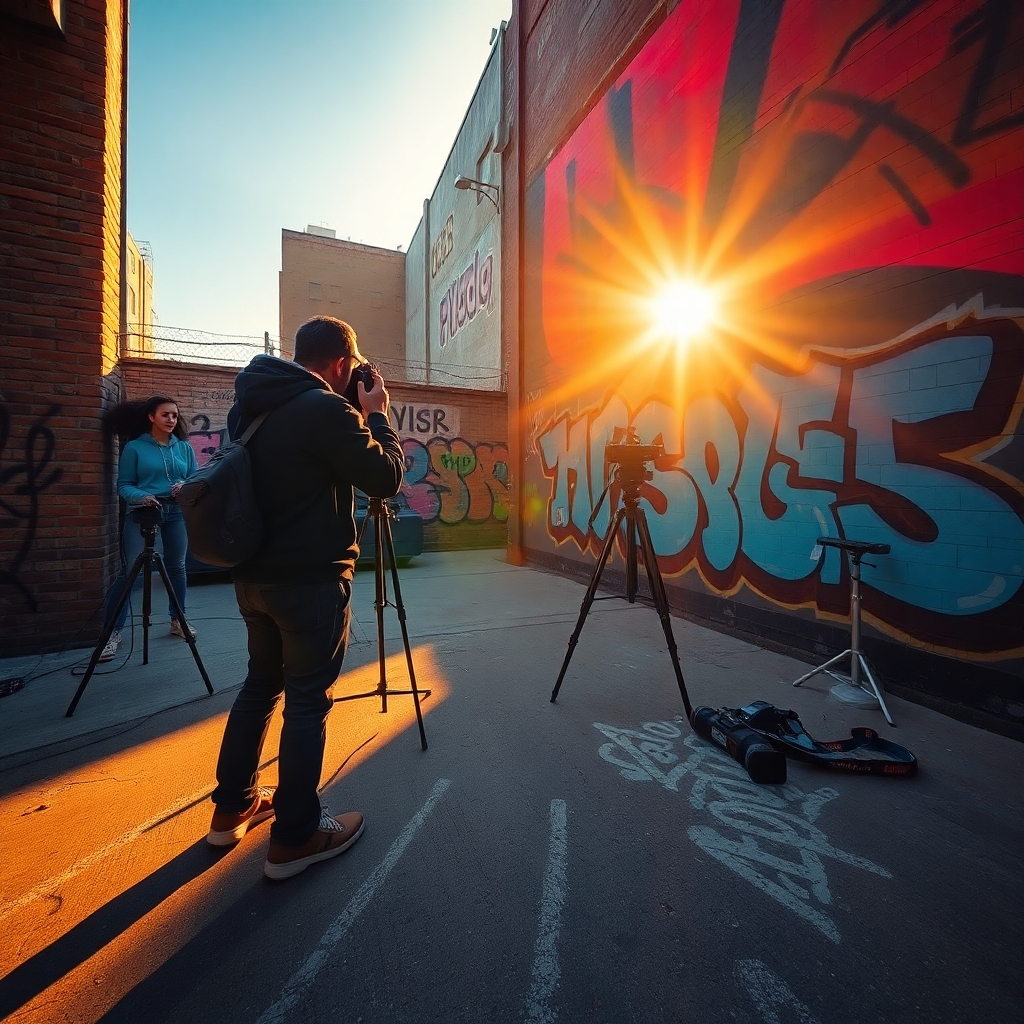 Capture a behind-the-scenes view of a photography shoot in an urban setting. The image should reflect dramatic side lighting during the golden hour, creating striking shadows and highlights. Use a color palette with warm oranges and deep blues, conveying a sense of creativity and adventure. The perspective should be at eye level, showing a photographer directing a model posing against a graffiti-covered wall. Include props like camera gear, tripods, and reflectors around the scene. Ensure the environment is rich in urban textures, like brick and concrete, giving the image depth and authenticity. Draw inspiration from street photographer Boogie, ensuring hyperrealistic details that engage viewers. Render the image at 8K resolution for exceptional clarity and detail.