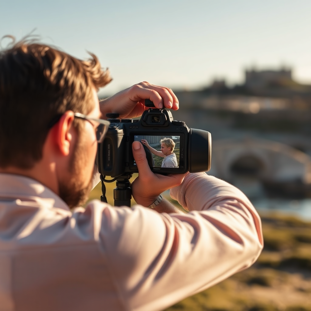 Capture a professional photographer at work in a stunning setting. The image should show the photographer framing a beautiful moment with natural light highlighting their focus and artistry. This scene should represent the essence of capturing special moments effectively.