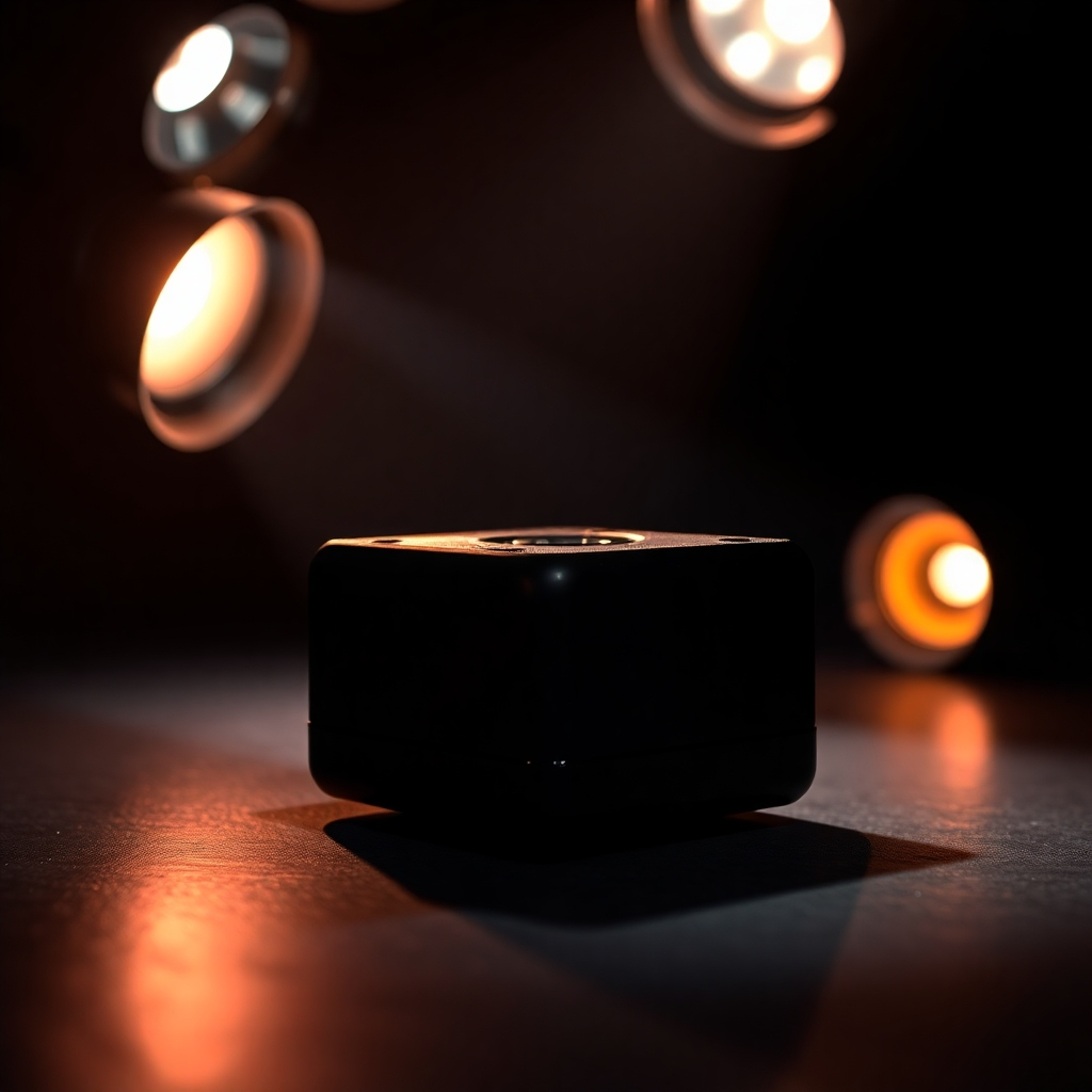 Close-up of a beautifully lit product, illuminated by several strobe lights from various angles to highlight textures and details. Background should be minimalistic, focusing on the product while demonstrating depth and dimension through the lighting.