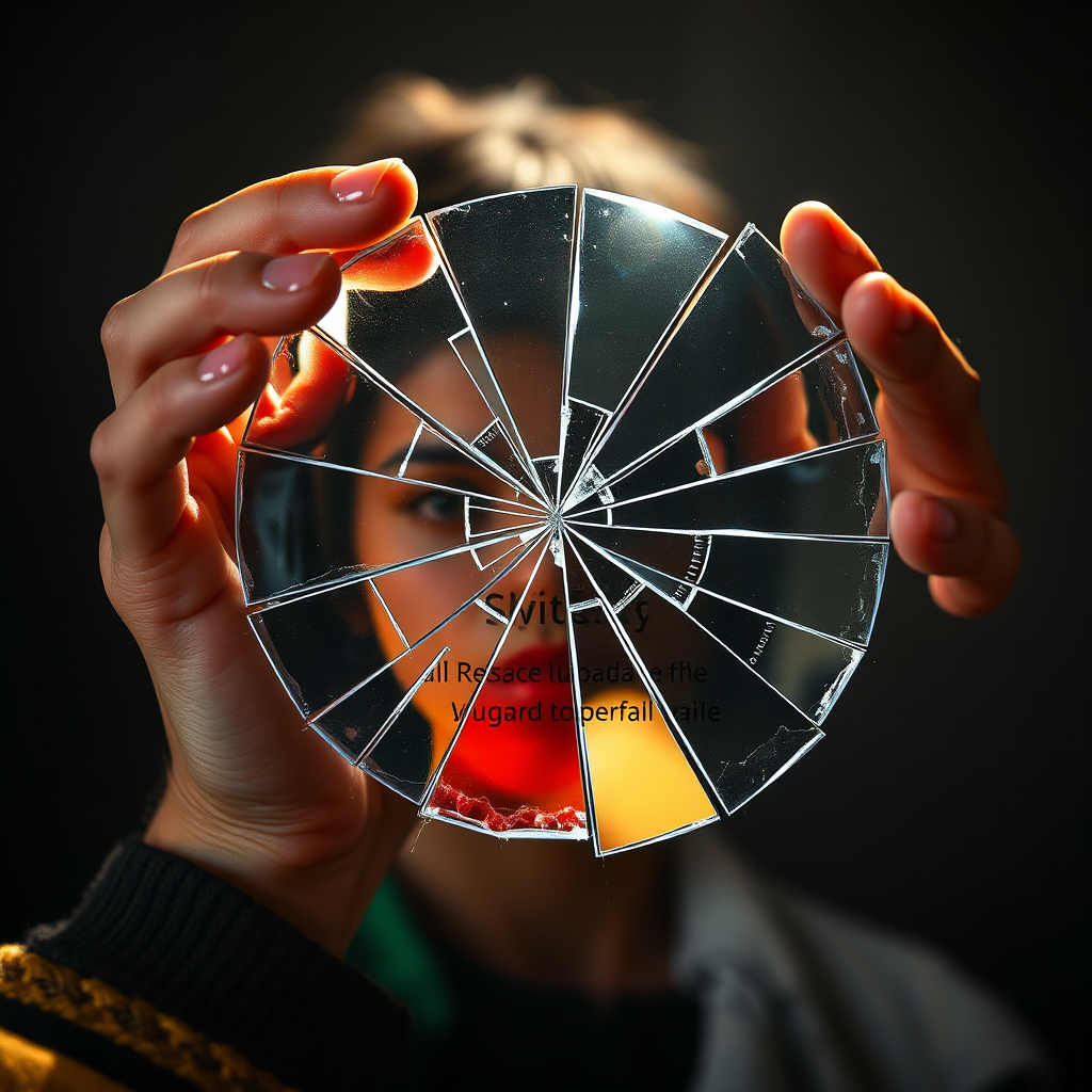 Craft an image showcasing a powerful visual metaphor, such as a person holding a shattered mirror reflecting different stories and messages. Use contrasting bright and dark colors to symbolize hope and despair. The lighting should create a dramatic effect, highlighting the edges of the shattered mirror. The camera angle should be slightly tilted to enhance the dynamic feeling of the scene. Capture every detail in a photorealistic way to engage viewers, ensuring it is in 8K resolution.