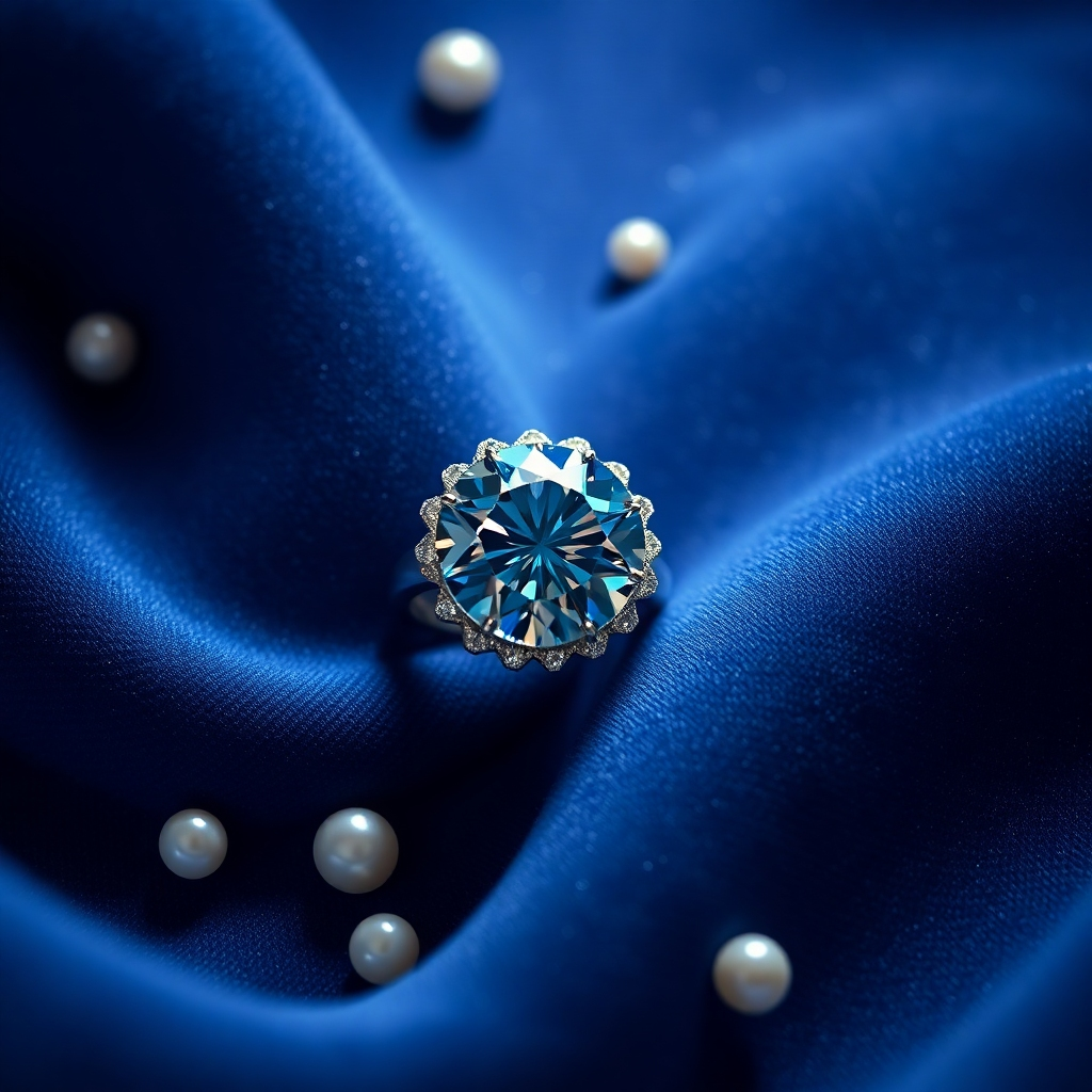 Craft an ultra-detailed image of a sparkling diamond ring positioned on a plush velvet fabric. Utilize soft diffused lighting from multiple angles to highlight the ring’s facets and the rich colors of the gemstones. The overall color palette should feature a mix of deep navy and shimmering clear whites, creating a luxurious atmosphere. Capture the scene from a top-down perspective to showcase the ring's beauty and craftsmanship, while the velvet fabric adds an inviting texture. Incorporate delicate props, like a few scattered pearls, to complement the design without overshadowing the main subject. Emphasize the textures of both the fabric and the ring, inspired by the work of jewelry photographers. The final output should be in 8K resolution, delivering hyper-realistic quality.
