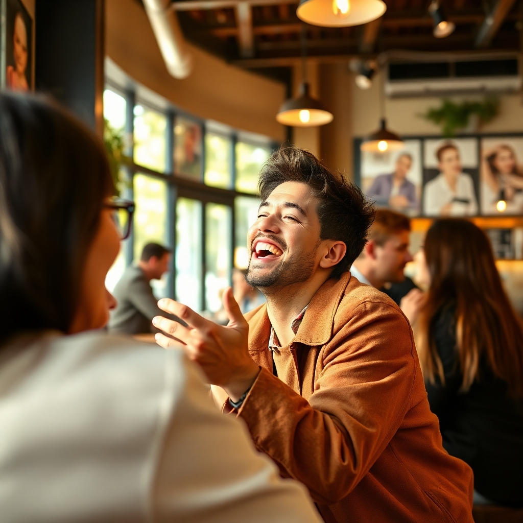 Create a celebratory image of a person joyfully embracing their new profile photo. The setting should be a lively café with natural light pouring in through the windows. The individual should be laughing and engaging with friends, showcasing a moment of happiness. The vibrant color palette should include warm tones to evoke positivity and excitement. Textures in the scene should highlight the café's ambiance and the fabrics of the subjects' outfits. This image should symbolize the joy of embracing change and new possibilities, rendered in photorealistic style with 8K resolution.
