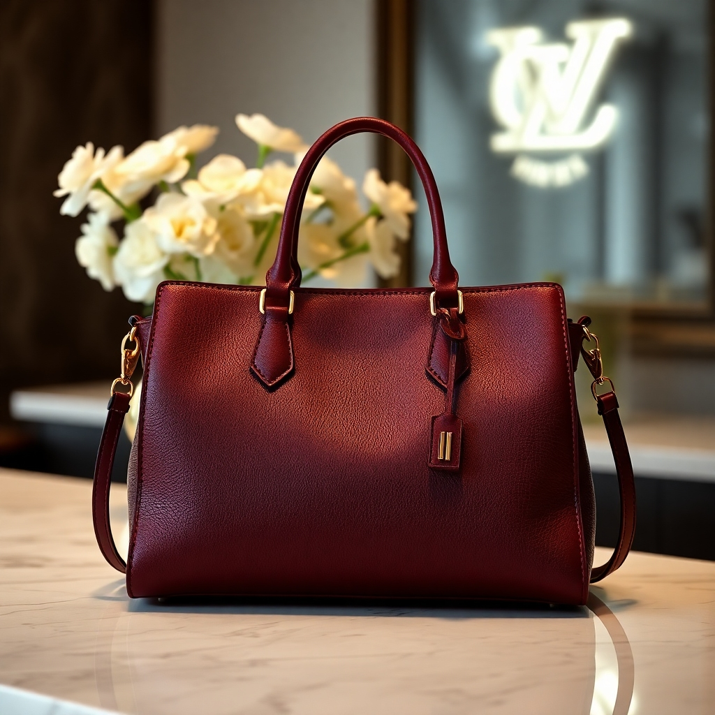 Create a photorealistic image of a luxury handbag prominently displayed on a marble countertop. Utilize soft diffused lighting to enhance its texture and the rich colors of the leather. The color palette should showcase a blend of deep burgundy and gold accents for a luxurious feel. Capture the handbag from a slightly elevated angle to highlight the intricate details and craftsmanship. The background should be softly blurred but should include elegant elements like a blurred bouquet of white flowers in a glass vase, and a designer logo gently illuminated. The overall mood is sophisticated and inviting. Reference styles of renowned fashion photographers like Mario Testino for inspiration. Use 8K resolution and ensure ultra-detailed rendering to bring out the luxury features.