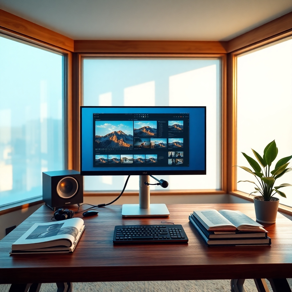 Create a photorealistic image of a professional photographer's editing suite featuring a high-resolution computer screen displaying vibrant, edited photographs. The background should have soft diffused lighting filtering through large windows, casting gentle shadows and creating a welcoming workspace. Use a color palette of cool blues and warm wood tones, enhancing the calm, creative mood. The camera angle should be slightly elevated, focusing on the screen to showcase detailed, color-balanced images alongside editing software. The editor's desk should include texture-rich elements like a wooden surface, various photography books, a digital tablet, and a potted plant, contributing to an inviting atmosphere. Style references include the clean, modern aesthetic of contemporary editorial photography. Ensure the image is in 8K resolution, hyperrealistic and ultra-detailed, capturing the essence of professional photo editing.