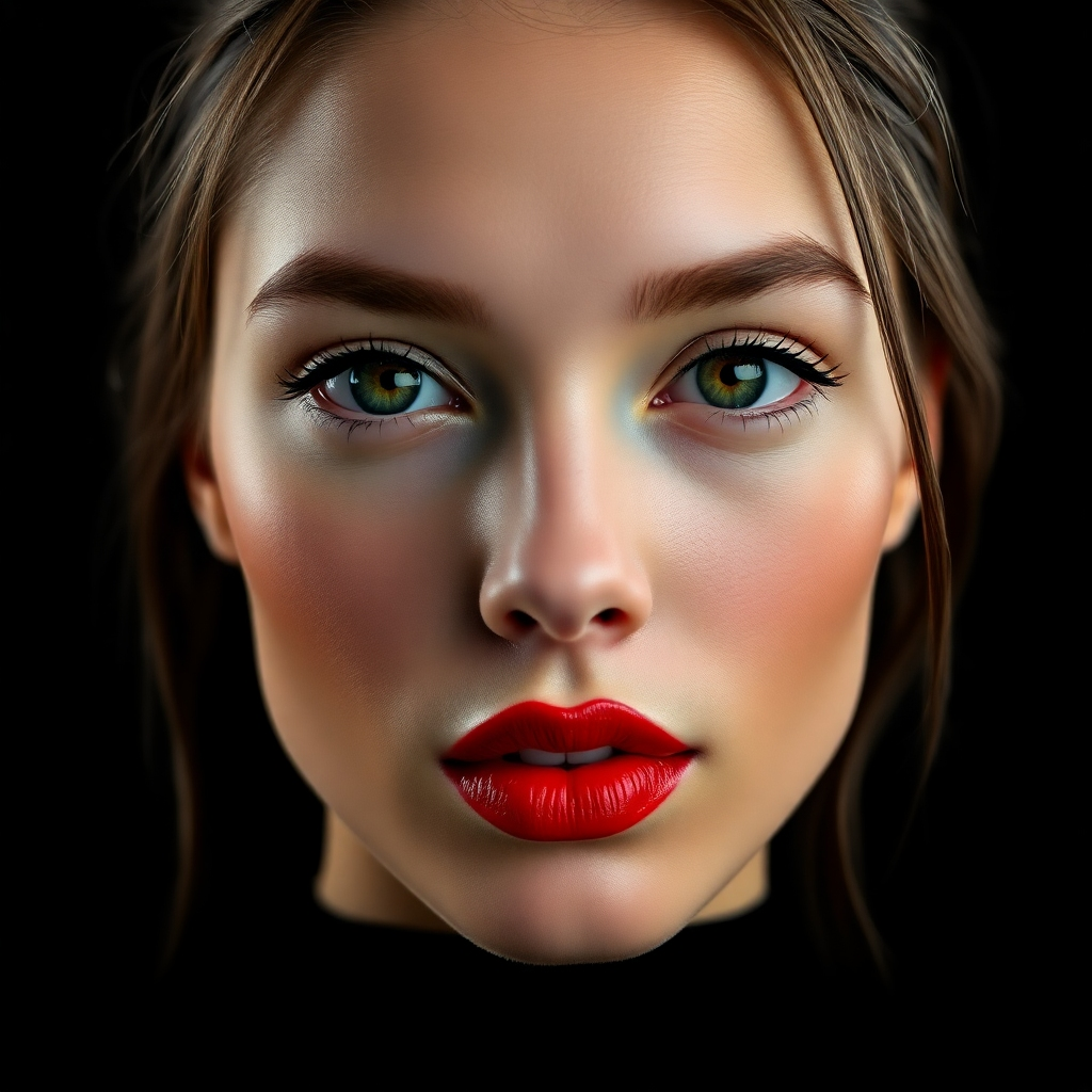 Create a photorealistic portrait of a young woman with bright red lipstick on a black background. The lighting should be soft, highlighting her facial features and expressions, while the black background remains completely void of texture. The focus should be entirely on her eyes, which should convey a sense of confidence.