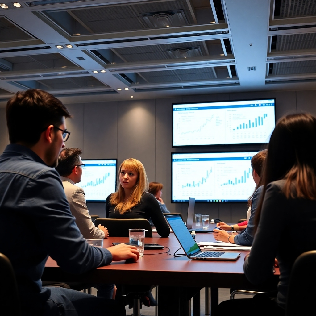 Create a scene of a business workshop where attendees are participating in hands-on analytical exercises. Use a well-lit room with large screens showing analytical tools, and ensure diverse participants are engaged and collaborating. Capture the educational atmosphere in a photorealistic manner.