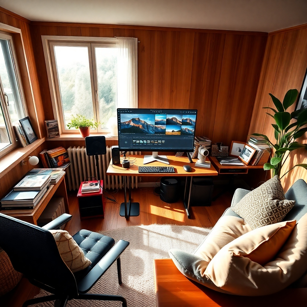 Create a vibrant workspace scene featuring a photographer editing images on a high-resolution computer screen. The room should have soft diffused lighting coming from a large window, casting gentle shadows. Include a color palette of warm wood tones and bright pops of color from various photography books and prints scattered around. The camera angle should be slightly above the desk, giving a bird's eye view of the workspace. Incorporate textured materials like a cozy rug and a plant in the background for a natural feel. Style the image in the manner of renowned photographer Peter McKinnon, focusing on a hyperrealistic and ultra-detailed representation. The final image should be in 8K resolution, emphasizing the intricate details of the editing software displayed on the screen.