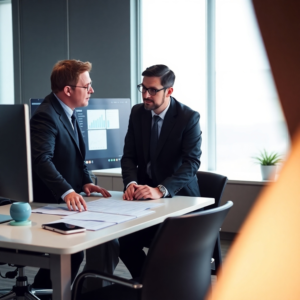 Create a visual of a consultant advising a client in a modern office setting. The environment should convey professionalism, with a sleek desk, digital screens, and documents spread out. Use high-quality lighting to highlight their interaction, ensuring the focus is on collaboration.