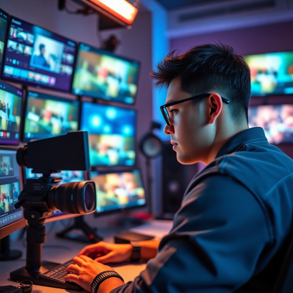 Create a visually striking image of a person editing a video. The workspace should be filled with screens displaying dynamic video clips and graphics. The lighting should be bright and focused, highlighting the person's concentrated expression. The color palette should include vibrant hues that reflect creativity and engagement. Textures of the equipment and digital interfaces should be clear and detailed, emphasizing the technological aspects of video production. This scene should embody the energy and creativity involved in making impactful short videos, rendered in photorealistic style with 8K resolution.