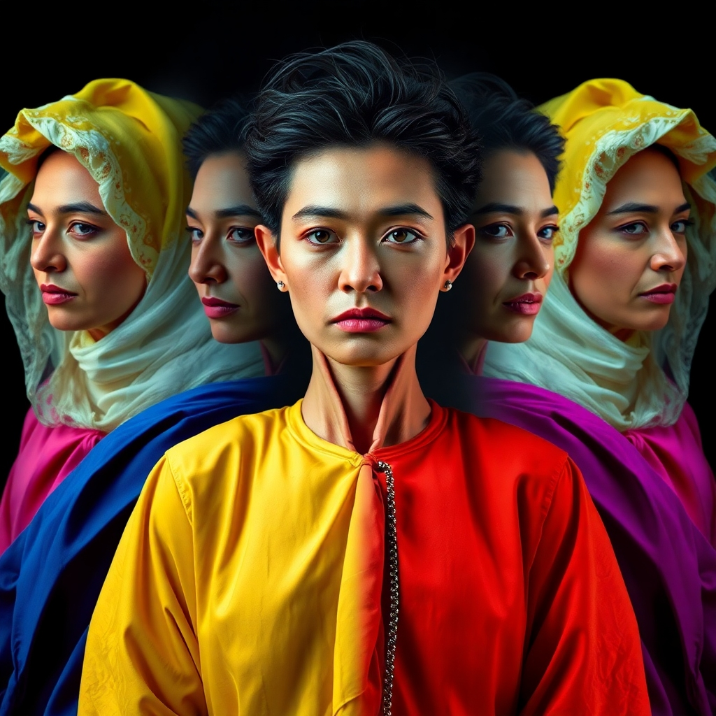 Create an artistic image of an individual in different costumes, representing various facets of their personality. The composition should have a mirrored effect, showcasing the multiple images side by side in a dynamic way. The colors should be vivid and eye-catching, with each costume representing a different emotion or identity. The lighting should be dramatic, highlighting the textures of the fabrics and the expressions on the subject's face. This image should symbolize the multifaceted nature of personal identity and self-expression, rendered in photorealistic style with 8K resolution.