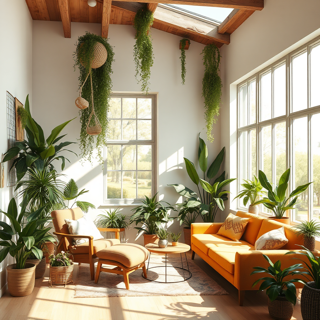 Create an image depicting a sunlit room filled with plants and warm, inviting furniture. The natural light creates a soothing ambiance as it bounces off the surfaces, promoting peace and relaxation. The image should convey how design and nature harmonize to create comforting environments.