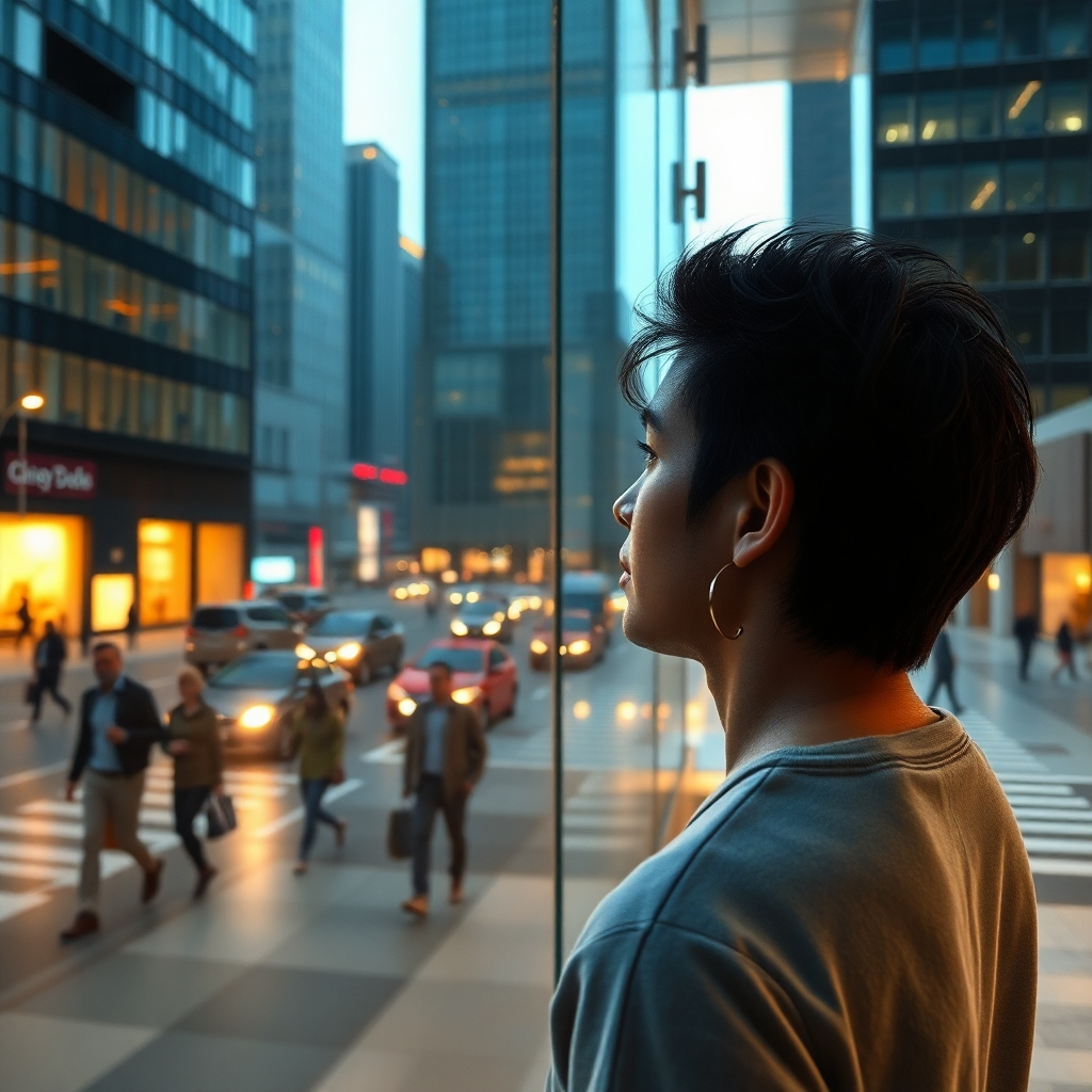 Create an image featuring a thoughtful individual looking at a reflection in a glass building. The scene should capture the interplay of reflections and the surrounding environment, such as bustling streets and passing pedestrians. The lighting should be soft and contemplative, suggesting introspection, with a color palette of cool blues and warm ambers. Textures should include the sleek surfaces of glass and modern buildings around, emphasizing contemporary life. The concept should evoke pathways of self-discovery in a rapidly changing world, rendered in hyperrealistic style with 8K resolution.