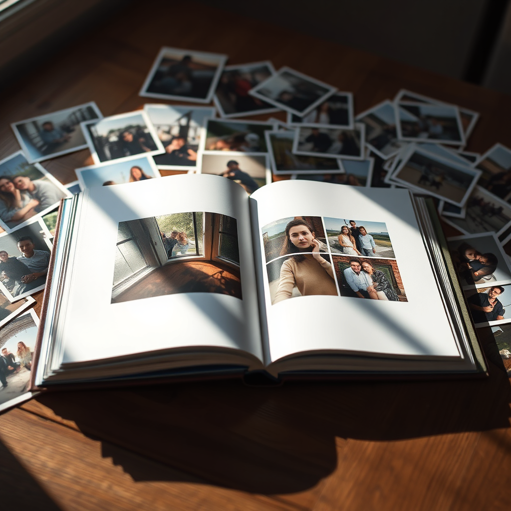 Create an image of a beautifully designed photo book on a wooden table, surrounded by photographs, natural light flooding the scene. The composition should reflect the quality of the memory lifecycle captured within the pages, showing a warmth and personal touch.