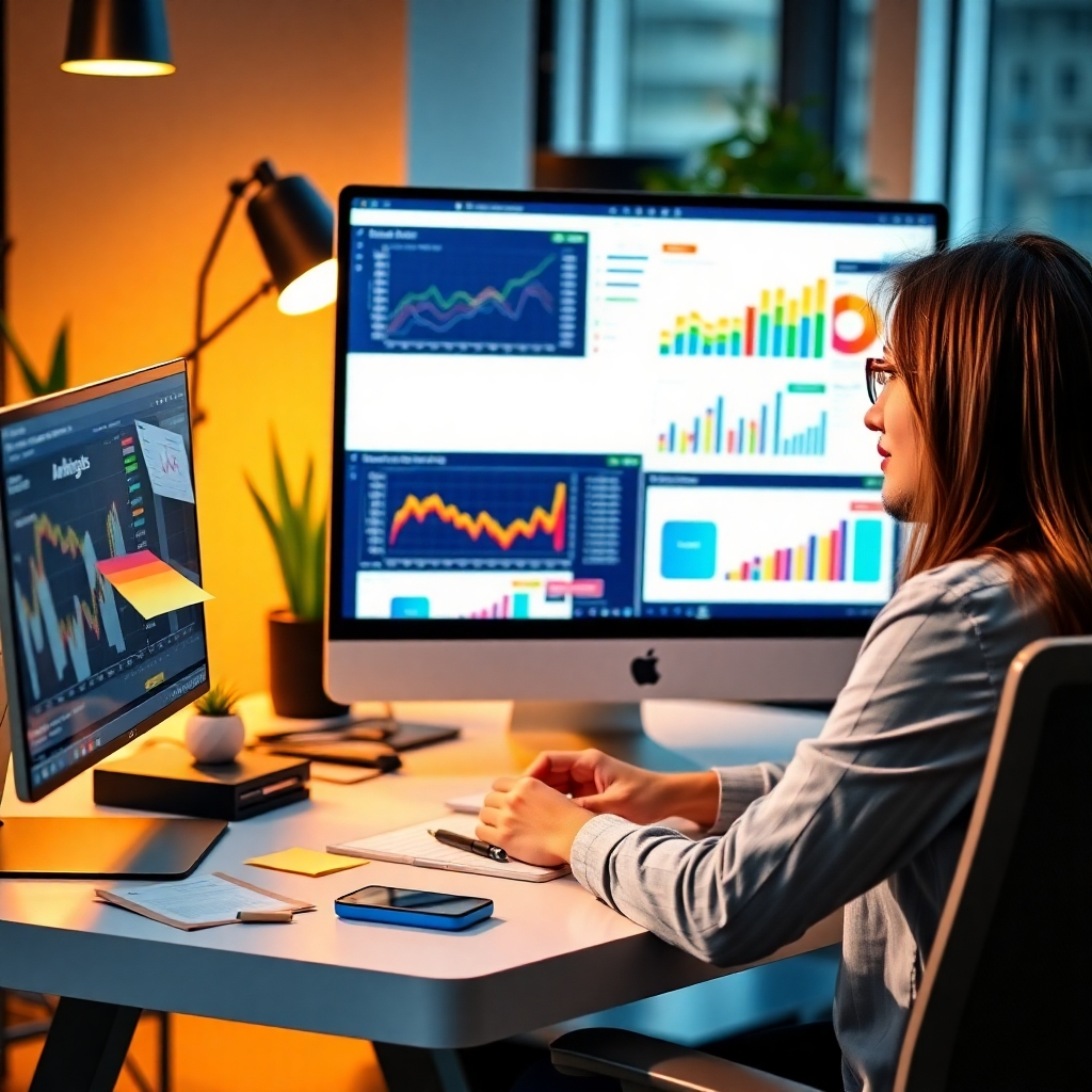 Create an image of a business analyst working at a computer with colorful graphs and data visualizations on the screen. The setting should be modern, with warm lighting and a sleek desk. Include details like sticky notes, a smartphone, and office plants in the background to create an engaging atmosphere. The style should be realistic and inviting, with clarity in the data representations to enhance understanding.