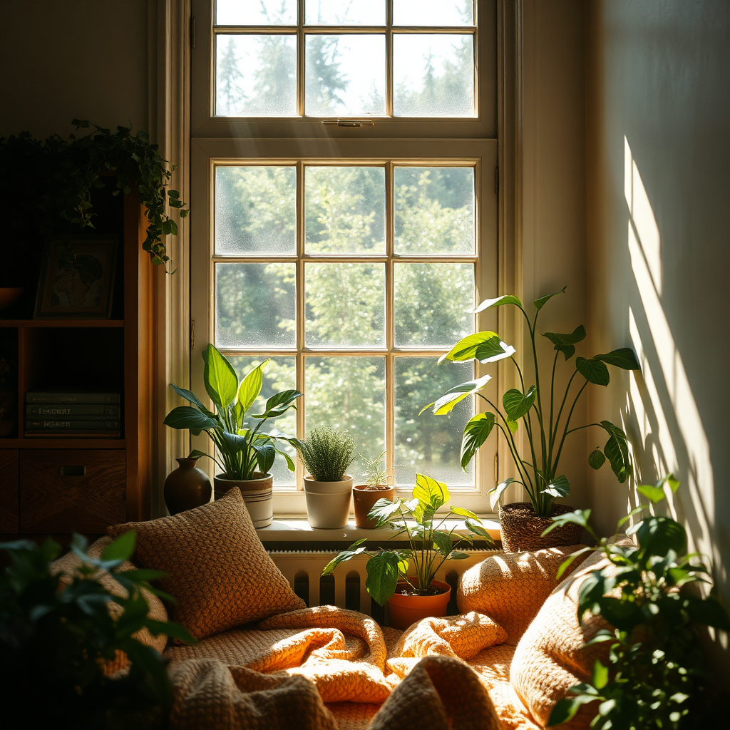 Create an image showcasing the beauty of natural light streaming through a window, illuminating a cozy corner filled with plants and warm fabrics. The play of light and shadow should evoke a sense of tranquility and sincerity, encapsulating how natural light enhances spaces and engages emotions.