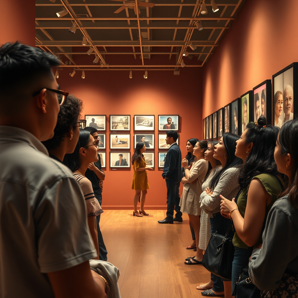 Create an interactive gallery space where a diverse group of individuals views a selection of photographs with varying themes. The atmosphere should be filled with curiosity and dialogue. Use warm lighting to create an inviting feel while the color palette should be engaging but not overwhelming. The camera should capture the expressions of the onlookers as they interact with the art. Render this scene in photorealistic detail, ensuring rich textures and emotions are present, in 8K resolution.