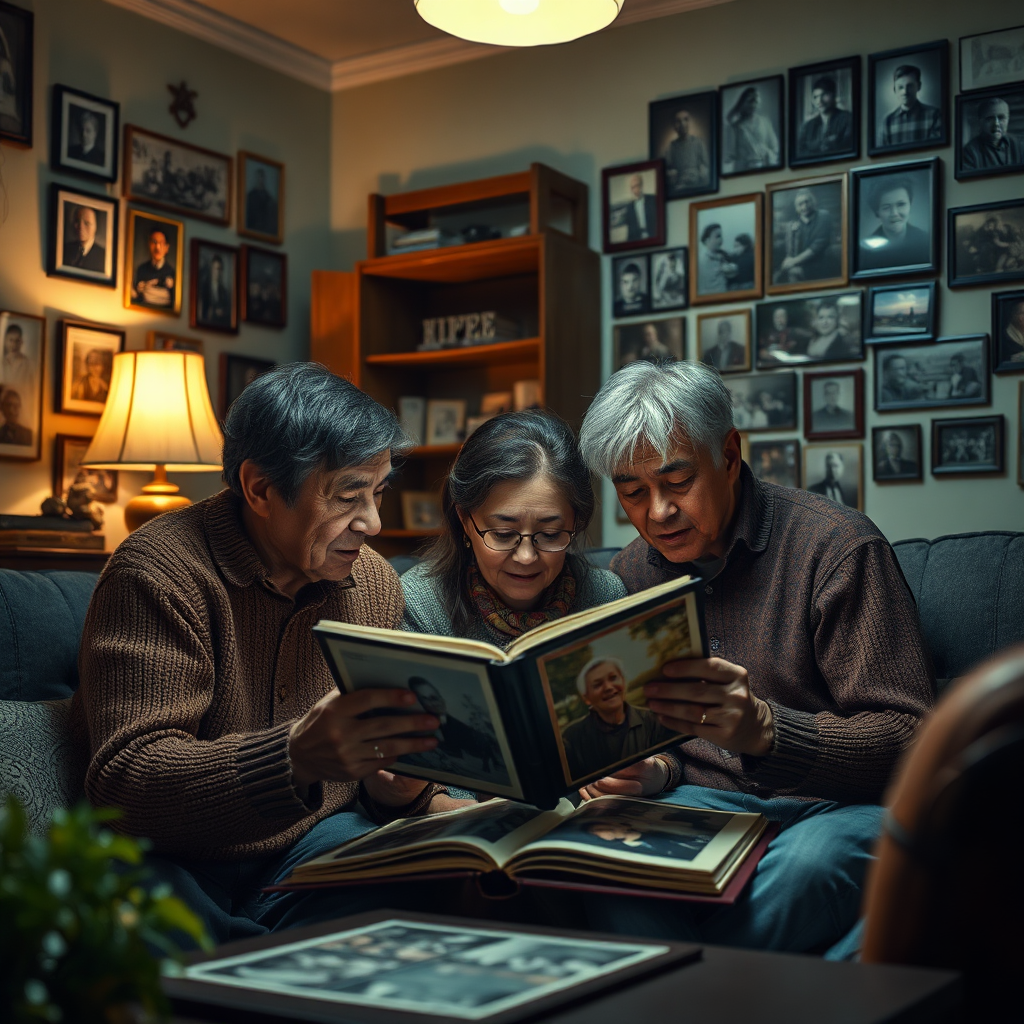 Create an intimate setting where a family looks at an old photo album together, surrounded by photos on the wall documenting their lineage. The warm, nostalgic interior should be lit with soft, ambient light. Use rich, muted colors to enhance the feeling of memory and history, with textures showing the wear of the album pages. The angle should focus on the family's interaction with the album, bringing a sense of connection. This image should evoke emotion while being extremely detailed, utilizing photorealistic techniques in 8K.