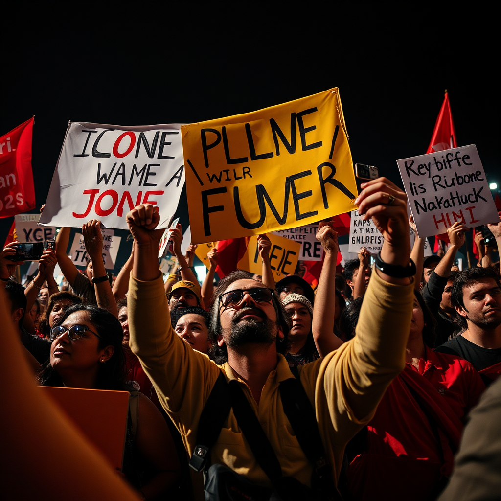 Depict a powerful protest scene with protesters holding up banners and taking photographs of their cause. Bright and bold colors should dominate the scene to capture the intensity and passion of the moment. Utilize dramatic lighting with high contrast to emphasize facial expressions and the emotions of the people involved. The camera angle should be low to the ground, offering a heroic perspective on the crowd. Ensure every detail is captured in hyperrealistic quality, allowing the viewer to feel the energy of the demonstration, in stunning 8K resolution.