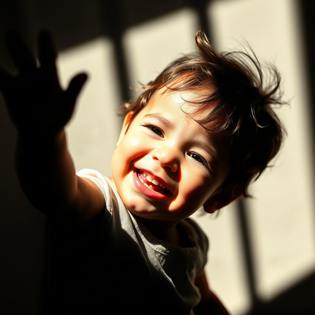 Depict a striking image that contrasts light and dark themes within a single composition, such as a child playing in the sunlight surrounded by shadows. The lighting should create a dramatic effect, illuminating the child's joyful expression. Use a creative angle to enhance this contrast. The color palette should be rich with vivid hues on the illuminated side and muted tones on the shadowed side. Ensure the detail captures the nuances of facial expressions and environmental textures. This image should be produced in photorealistic detail, rendered in 8K.