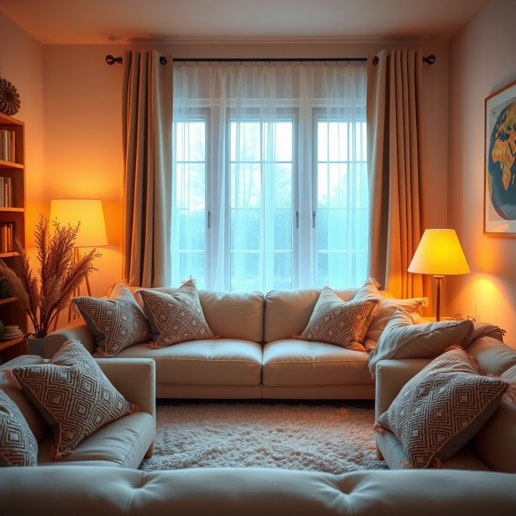Design a cozy space featuring soft couches, warm lighting, and decorative pillows in warm tones. The image should capture the essence of comfort and safety, inviting viewers to imagine themselves in a nurturing and beautiful environment.