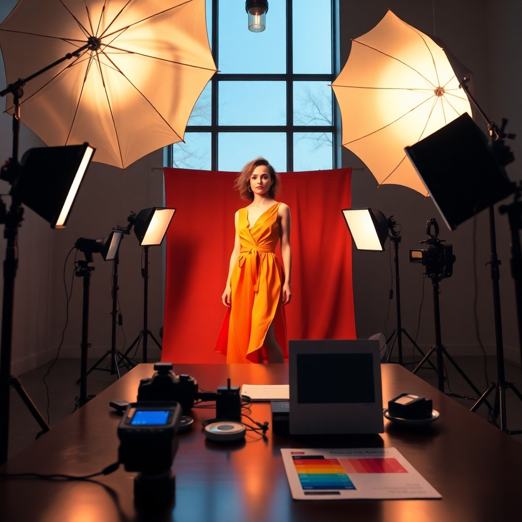 Design a high-quality image illustrating a photography studio with various lighting setups for a model photoshoot. The scene should be filled with dramatic side lighting from softbox lights to create dynamic shadows, along with natural daylight pouring in from a large window. Use a color palette of warm tones complemented by cool highlights, conveying a creative and energetic mood. Capture the camera perspective from a low angle, focusing on the model dressed in vibrant clothing, surrounded by umbrellas and LED lights enhancing her figure. Textures of fabric, photography equipment, and polished surfaces should enrich the visual detail. Include elements like a light meter and color charts on the table, emphasizing the focus on lighting techniques. The style should reflect the innovative approach of renowned fashion photographers. Produce the image in 8K resolution, ensuring it is hyperrealistic and richly detailed.