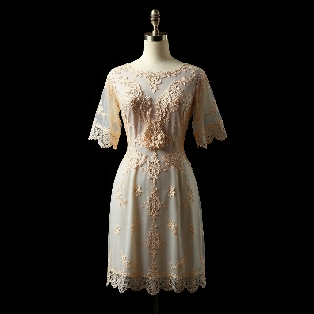 Design a high-quality, photorealistic image of an elegant, vintage dress displayed on a mannequin against a black background. The dress should be richly adorned with lace and sequins. Soft light should illuminate the dress's textures and colors, while shadows enhance the overall sense of depth and sophistication.