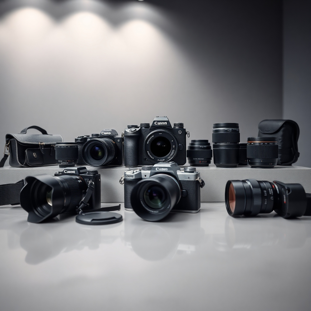 Design a sleek setup showcasing the latest photography gear on a polished table. Use soft diffused lighting from overhead, enhancing the clean lines of the gear. The color palette should include cool grays and metallics, evoking a modern and professional vibe. Position the camera at a low angle to emphasize the products, creating a dynamic and engaging composition. Incorporate detailed textures of the cameras and lenses, highlighting their craftsmanship. Surround the gear with accessories like camera bags and filters to provide context. The style should evoke the precision of tech reviewer Marques Brownlee, focusing on a striking hyperrealistic presentation. Ensure the image is rendered in 8K resolution, capturing every intricate detail of the equipment.