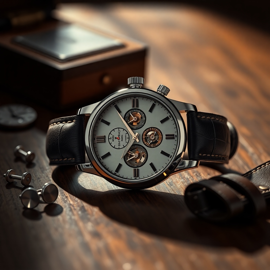 Design an image featuring a vintage wristwatch on an antique wooden table. Use dramatic side lighting to create striking shadows that accentuate the watch's face and metal finishes. Integrate a color palette of classic silver and deep black to convey elegance. The camera should be positioned at eye level to focus on the watch, capturing its intricate gears through a crystal-clear lens. Surround the watch with subtle environmental hints like an old leather watch box and a pair of cufflinks, softly out of focus to maintain emphasis on the watch. Emphasize textures like the watch’s leather strap and the table’s grain, referencing styles of hyperrealistic product photography. Ensure the image is rendered in 8K resolution for maximum detail.