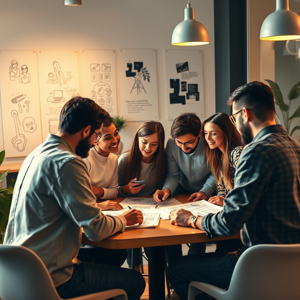 Design an image that depicts a creative brainstorming session with a diverse group of designers discussing ideas over sketches and digital mock-ups. The atmosphere should feel collaborative and inspiring, with bright and warm lighting enhancing the environment.