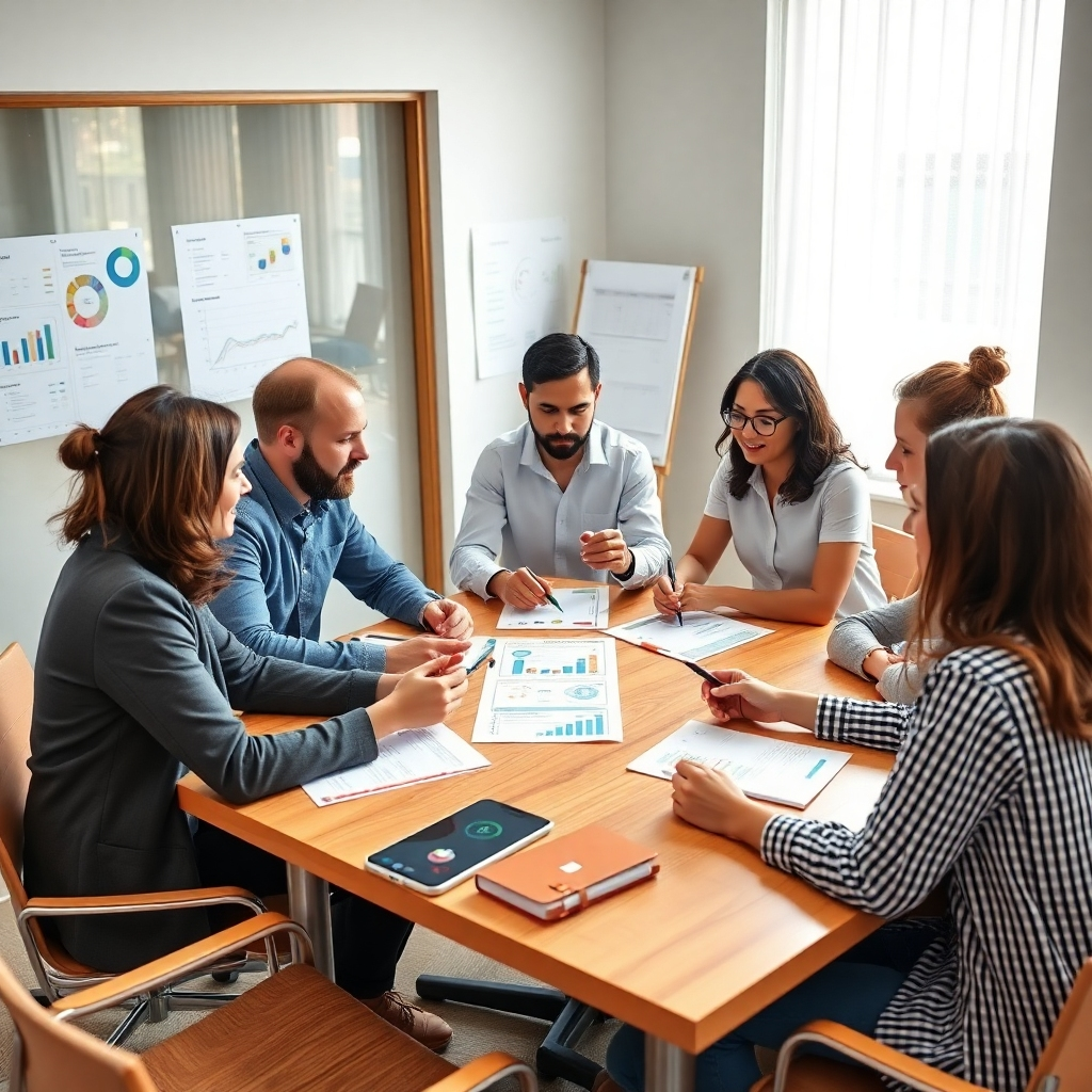 Envision a collaborative team session around a table, with professionals sharing insights based on data reports. The room should be bright and inviting, with visual aids like infographics displayed. Add texture with wooden furniture and colorful stationery. Capture the moment with high-resolution clarity to emphasize engagement.