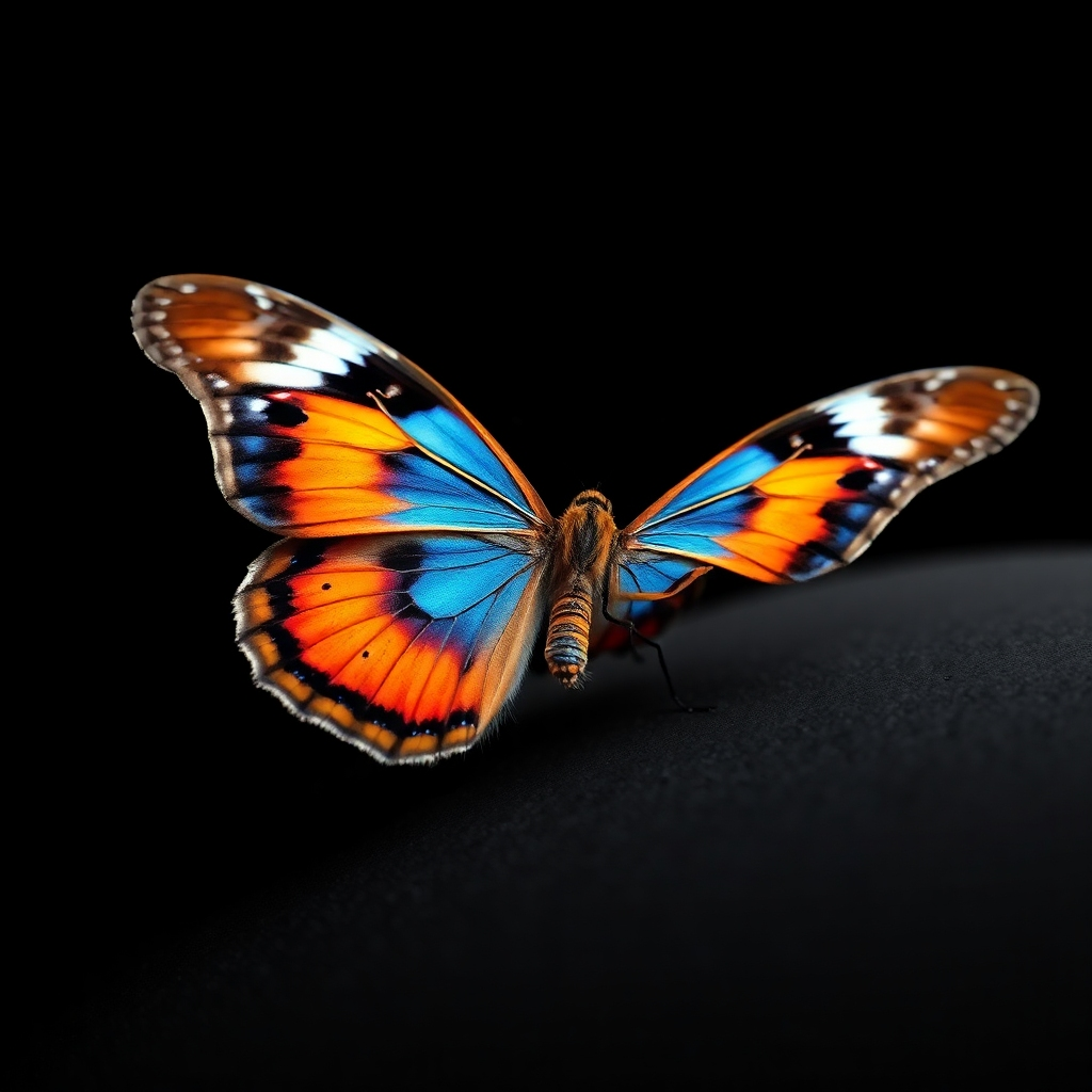 Generate a close-up image of a colorful butterfly perched on a black surface. The photograph should capture the intricate details of the butterfly's wings, showcasing the vibrant blues and oranges against the stark black background. The lighting should be bright but diffused, emphasizing the texture of the wings.