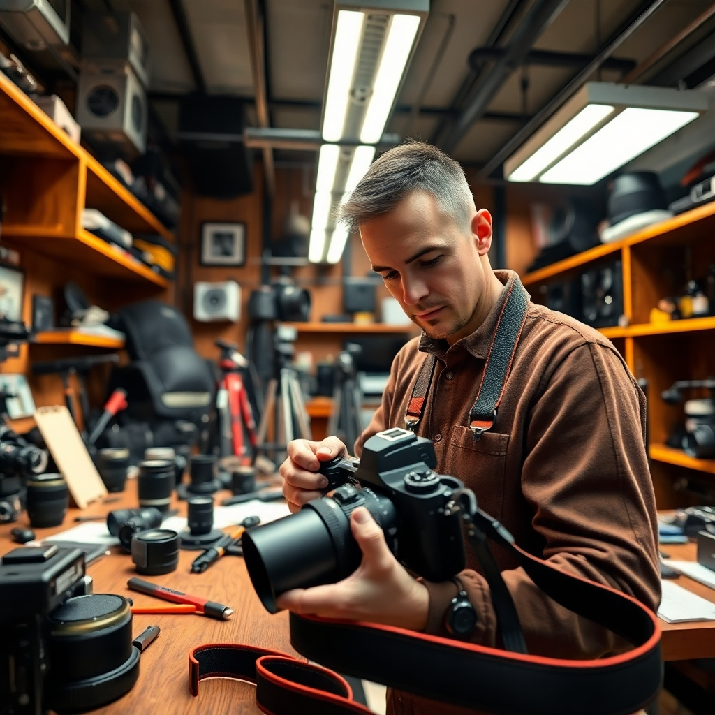 Generate a hyperrealistic image of a technician in a workshop filled with various photography equipment, such as cameras, lenses, and tripods, surrounded by diagnostic tools. The workshop should have bright, overhead lighting, contrasting the dark, rich tones of the wood and metal fixtures, creating a focused working environment. Use an eye-level camera angle to emphasize the technician, who is intently inspecting a camera body on the workbench. The texture of the materials should include smooth metals, velvety camera straps, and soft cloths used for cleaning. Environmental details like checklists, repair manuals, and scattered tools enhance the authentic feel of a troubleshooting space. Style references should evoke the clarity and technical precision found in industrial photography. Ensure the image is in 8K resolution, hyperrealistic with intricate details capturing the essence of camera equipment troubleshooting.