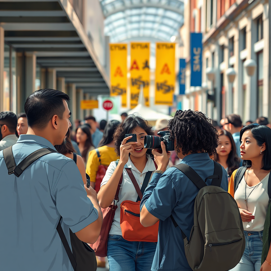 Illustrate a bustling public space where a photographer captures candid moments of diverse individuals interacting. The image should reflect the vibrant energy of the scene with dynamic compositions. Use balanced lighting with soft shadows to create depth. The color palette should include lively urban colors like deep blues, bright yellows, and soft earthy tones. The camera should be positioned at eye level, focusing on the subjects’ expressions and their interactions. Aim for a photorealistic style that captures movement and the essence of street photography, in 8K resolution for clarity.