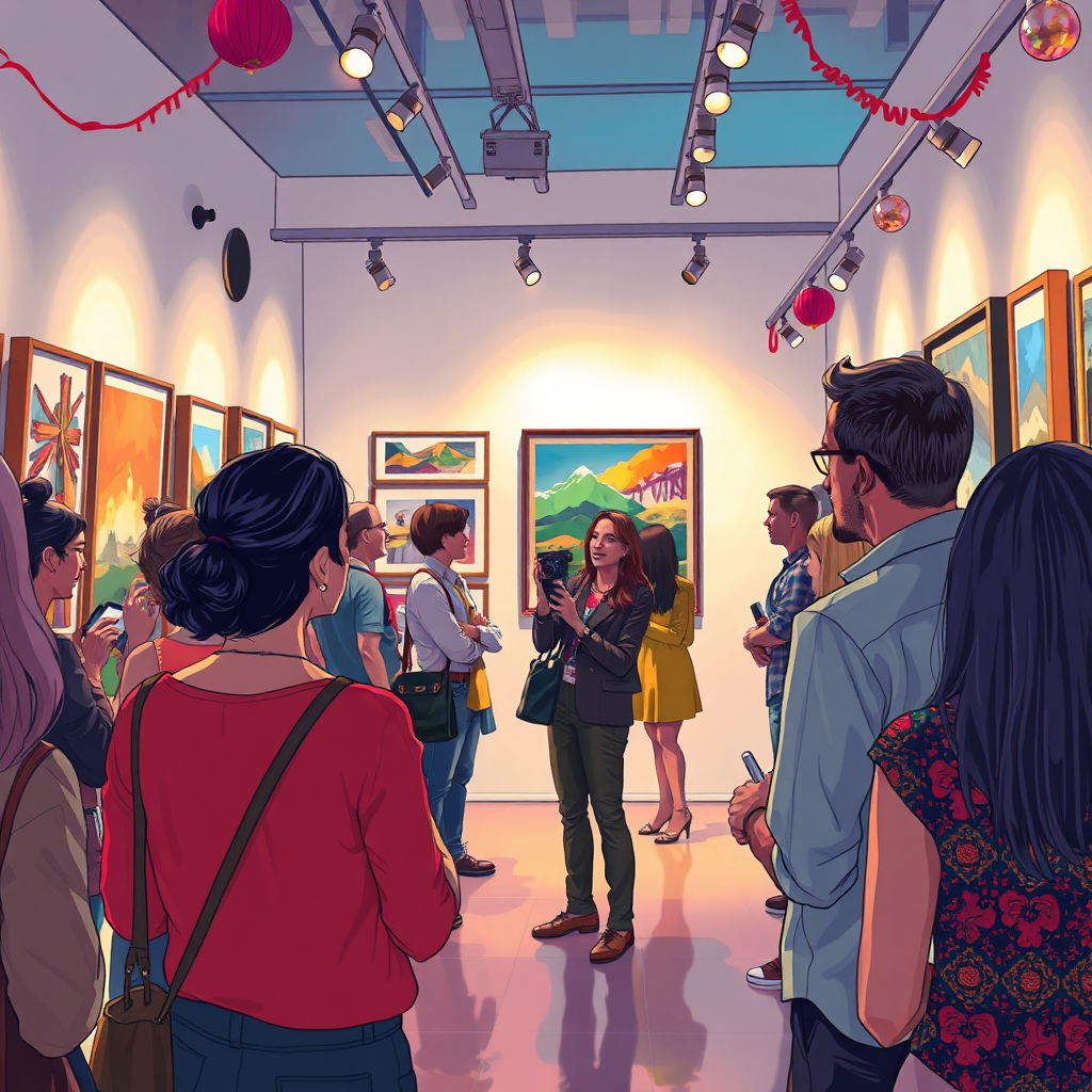 Illustrate a gallery opening featuring a photographer presenting their work to an engaged audience. The space should be alive with energy, rich in colors and decorations that highlight the artwork. Use varied lighting to accentuate the pieces displayed, enhancing viewers’ experience. The camera angle should capture the vibrant interactions among attendees. Ensure the nuances of the environment, including textures and expressions, are in stunning hyperrealistic detail, rendered in 8K.