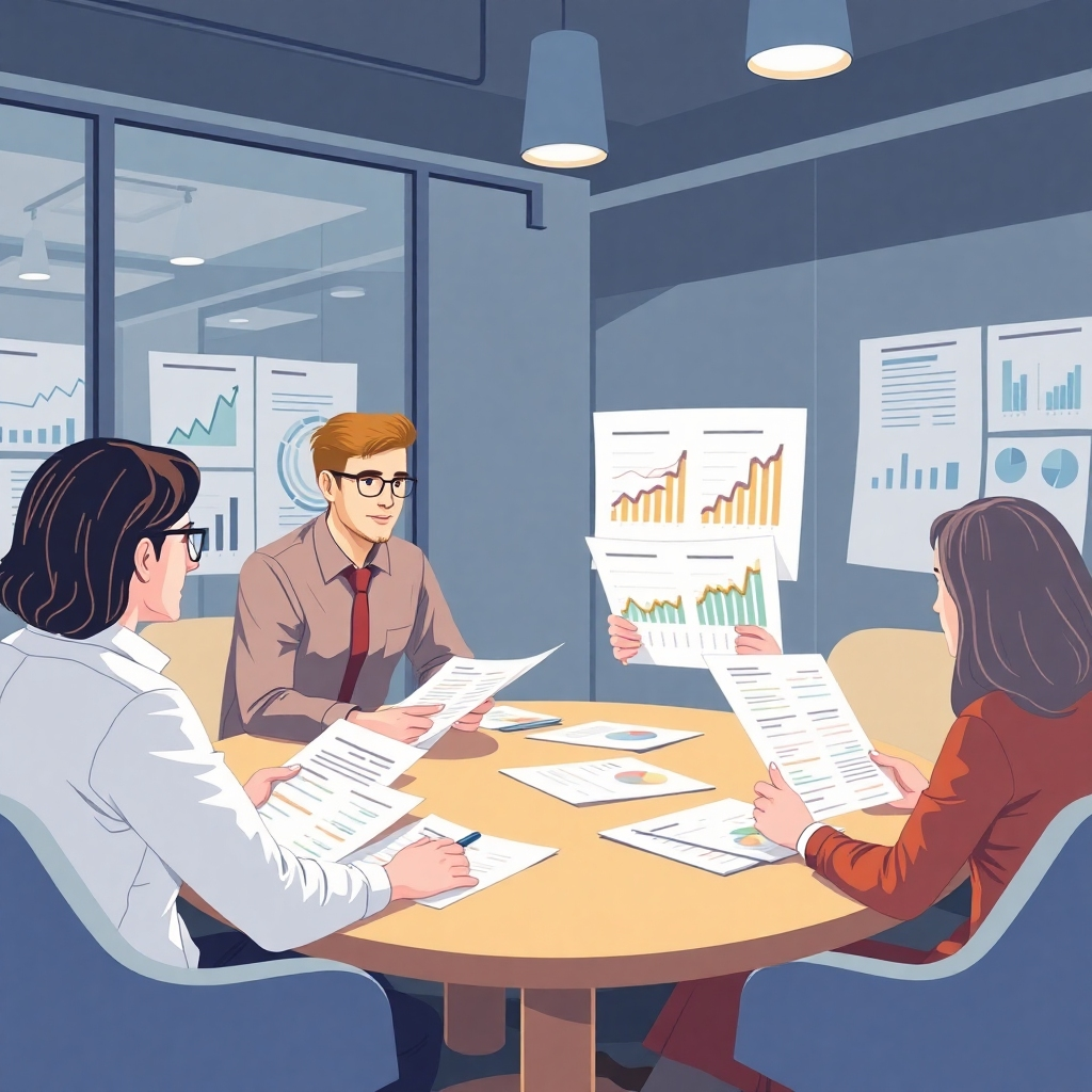 Illustrate a team reviewing benchmarking reports in a modern conference room. The setting should be cozy yet professional, with charts and graphs visibly displayed on the walls. Use soft lighting to create a reflective atmosphere, emphasizing concentration and teamwork.