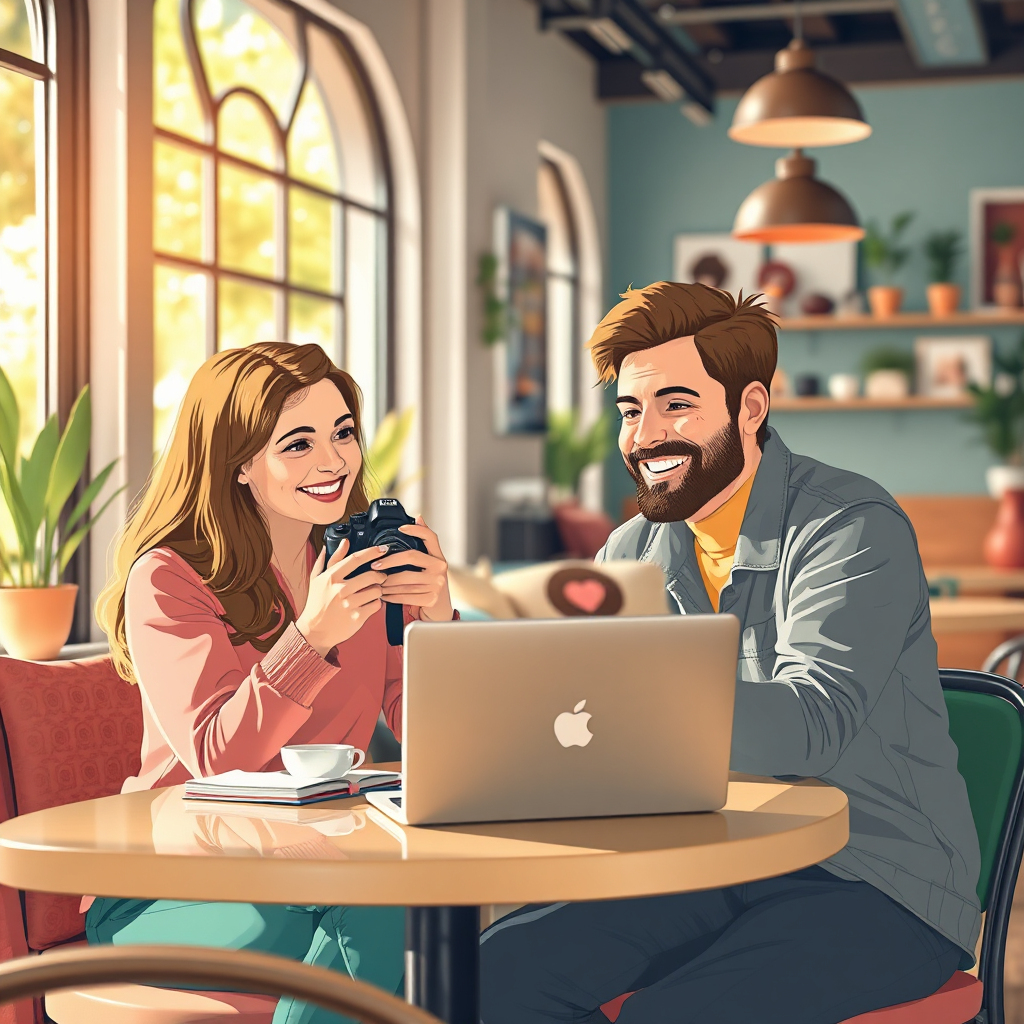 Illustrate a warm interaction between a photographer and a customer while reviewing their photos on a laptop in a trendy cafe. The setting should feel casual yet vibrant, with natural light streaming through the windows. Use a combination of bold colors and soft pastels, creating a harmonious atmosphere. Capture the joy and excitement on their faces from a slightly elevated viewpoint, allowing viewers to sense their connection. Ensure the details are hyperrealistic, highlighted in 8K resolution.
