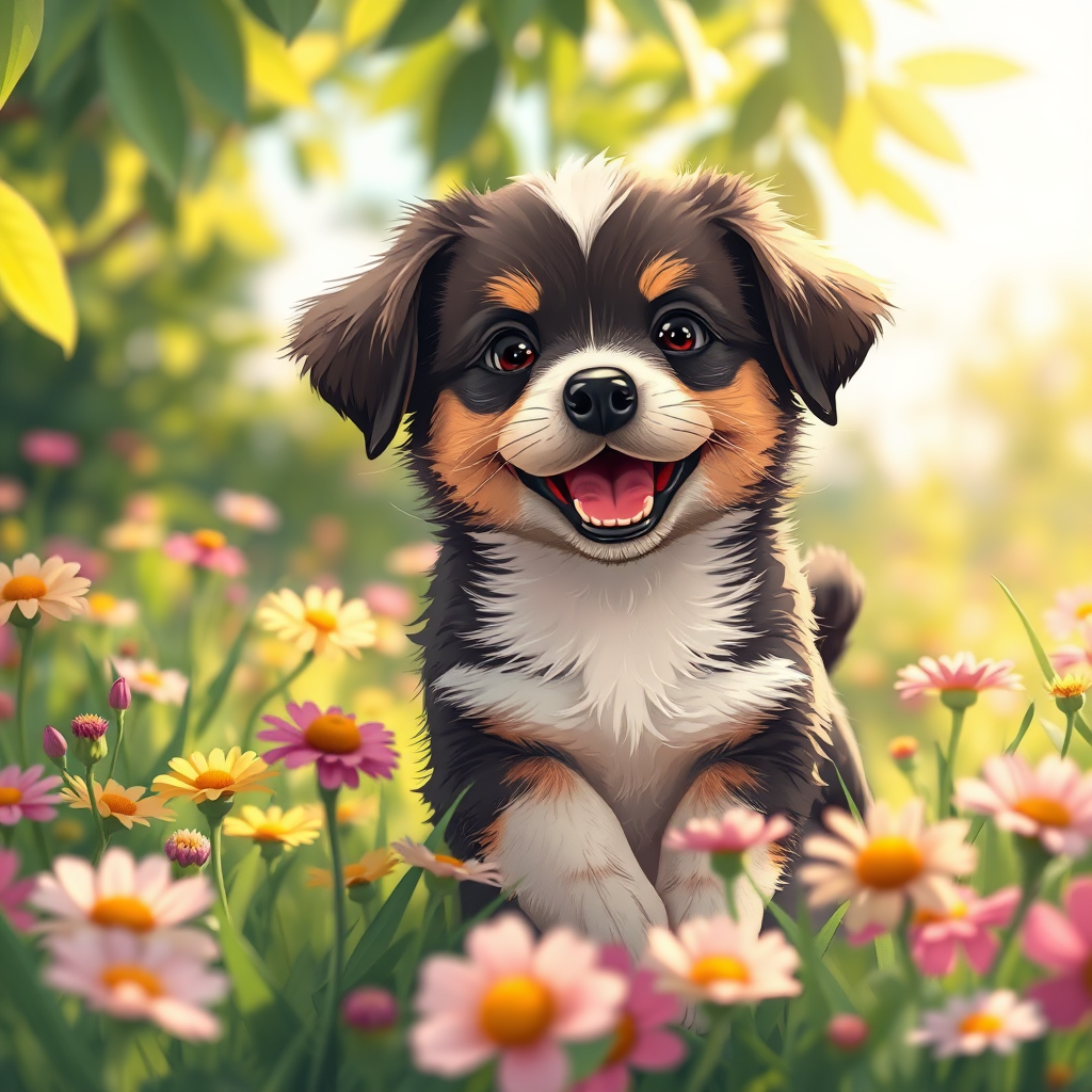 Illustrate an adorable puppy playing in a field of flowers, showcasing its joyful spirit. Use bright, cheerful colors to reflect the happiness of the moment. Light filtering through the leaves provides a soft glow that enhances the scene's warmth. The camera should be positioned at the puppy's eye level, allowing viewers to connect with its innocent expression. Ensure every detail is hyperrealistic, with a focus on textures in the fur and surrounding flora, produced in 8K resolution.