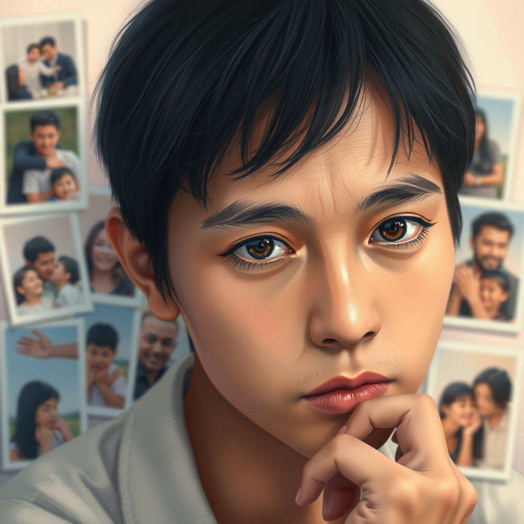 Illustrate an emotional portrait of a person lost in thought, surrounded by blurred photographs of various life moments. Use a shallow depth of field to focus on the subject's eyes, conveying introspection. The backdrop should feature a calming, soft color palette with pastel hues. Lighting should be gentle, enhancing the emotional tone. The camera should be positioned close to the subject's face, capturing intricate details that convey emotion. Ensure the image is hyperrealistic, bringing depth and humanity to the forefront, rendered in 8K.