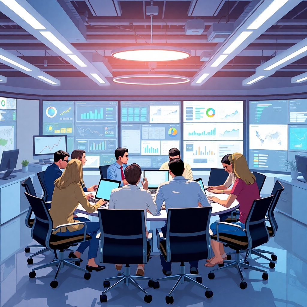 Illustrate an office filled with modern technology, showcasing screens with data analytics and interactive dashboards. The lighting should be futuristic, with bright LED lights accentuating the work environment. Ensure diverse individuals are working together at a circular table, promoting collaboration and innovation in this high-tech setting.
