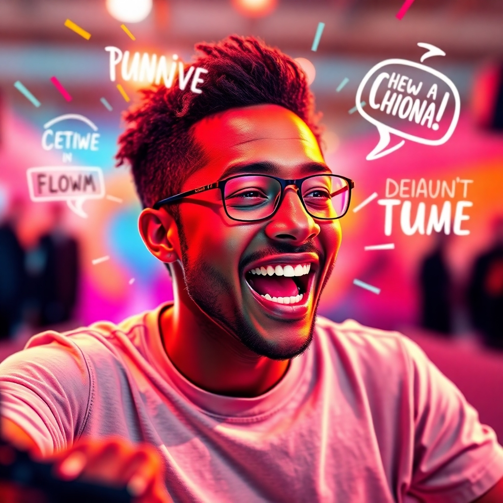 Imagine a dynamic animation overlaying a vibrant image of a person passionately speaking into a camera. The background should be lively and colorful, with dynamic graphics illustrating the spoken words. The lighting should be bright and cheerful, accentuating the speaker's enthusiasm. The color palette should use a variety of bold colors that evoke excitement. This visual concept should portray the effectiveness of concise messaging and the impact of engaging visuals, rendered in photorealistic style with 8K resolution.