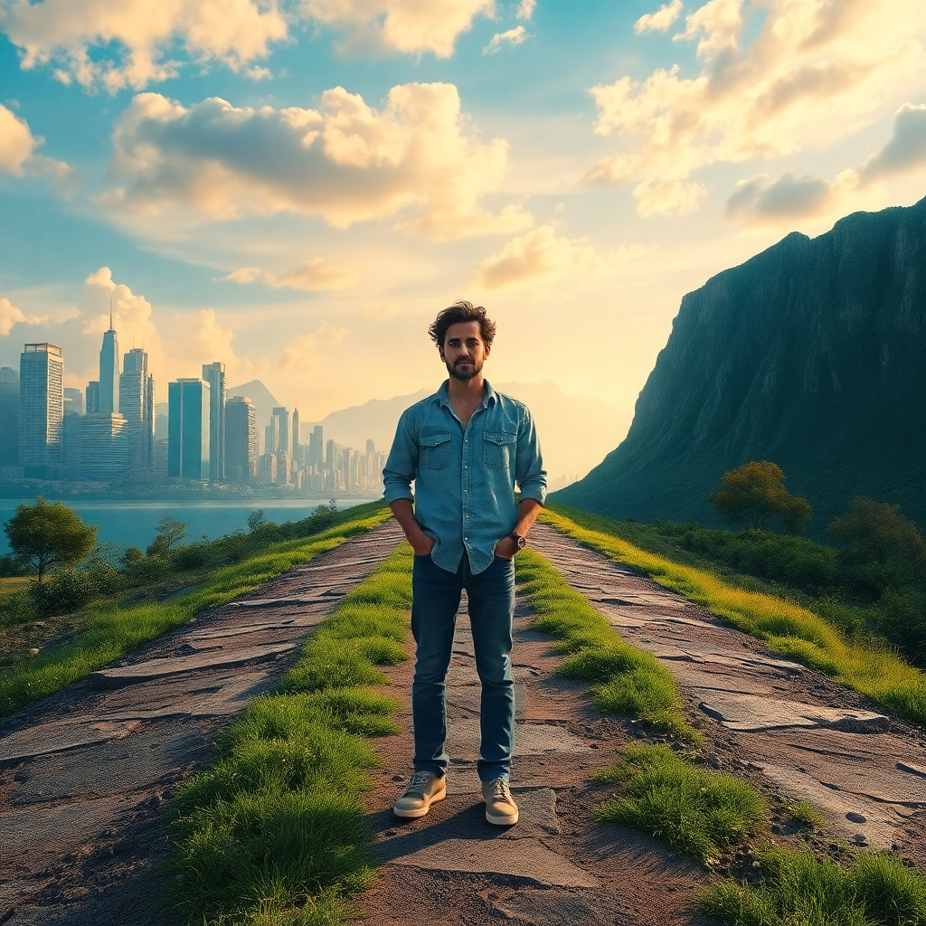 Imagine a person standing at a crossroads, with paths leading into different landscapes—one vibrant and urban, another serene and natural. The subject should exhibit confidence and contemplation, looking towards the future. The lighting should be dynamic, casting interesting shadows and highlighting the diverse environments around. The colors should be rich and diverse, representing new opportunities. Textures of the varying paths and the individual’s clothing should be intricate, symbolizing the complexity of choices. This image should encapsulate the determination to forge ahead into the future, rendered in photorealistic style with 8K resolution.