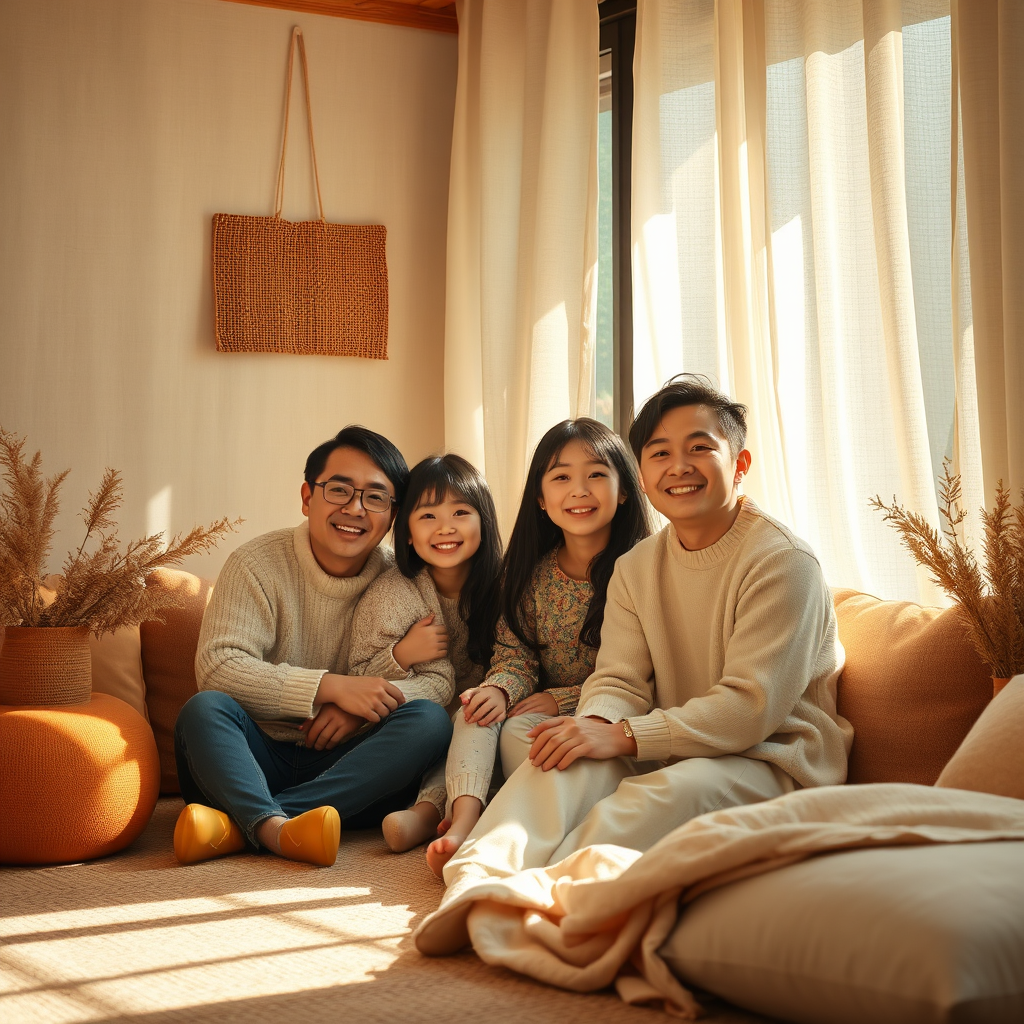Imagine a photorealistic image that captures the essence of 'フォトサリュ'. The composition features a serene setting with soft beige and cream colors, complemented by deep brown and calm orange accents. Natural light filters through a scene that includes smiling individuals surrounded by textures of wood and fabric. The atmosphere is inviting and warm, symbolizing the company's mission to connect life and society through photography. Style references could include cozy, home-style photography that feels both authentic and polished. The image should be in 4K resolution for high quality.