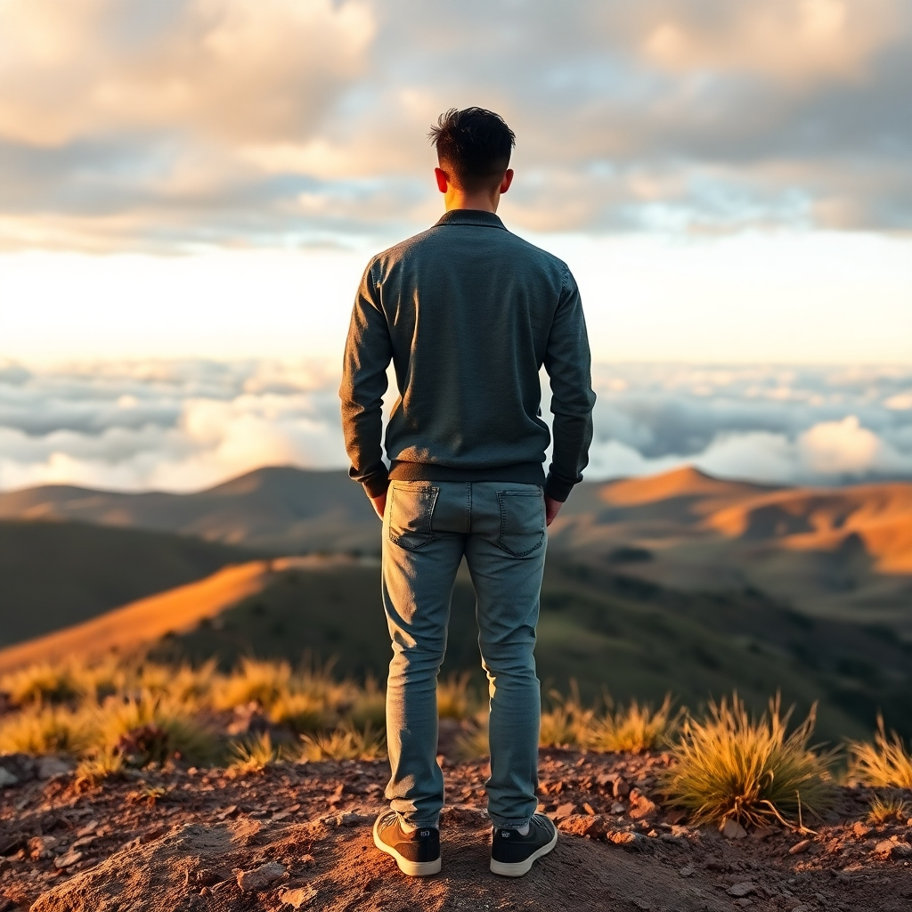 Imagine a serene landscape where a person stands before a breathtaking view, ready to embark on their journey. The background should show rolling hills and an expansive sky filled with soft clouds. The individual should be dressed in casual yet stylish attire, and their posture should reflect a sense of determination. The lighting should be gentle, with warm tones that suggest dawn, symbolizing new beginnings. Textures should showcase the individual's clothing fabric and the natural environment. This image should inspire a sense of adventure and readiness for the next chapter, rendered in photorealistic style with 8K resolution.