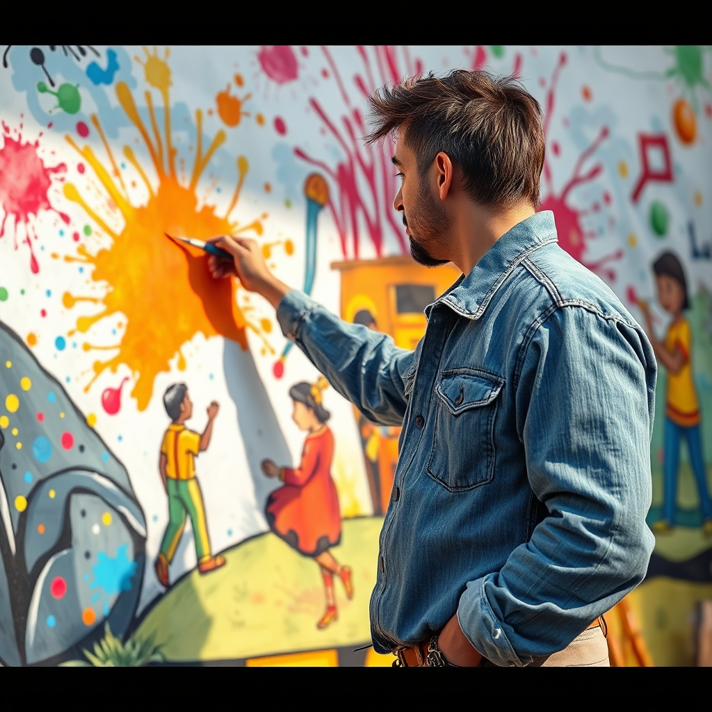 Portray an artist painting a large mural that tells a story through visual symbols. The background should be vibrant with splashes of color from the mural itself. Use dynamic lighting to cast playful shadows around the artist. Choose angles that showcase the mural and artist's concentration. Aim for a lively, photorealistic depiction that draws the viewer into the story being portrayed, rendered in 8K for maximum clarity.