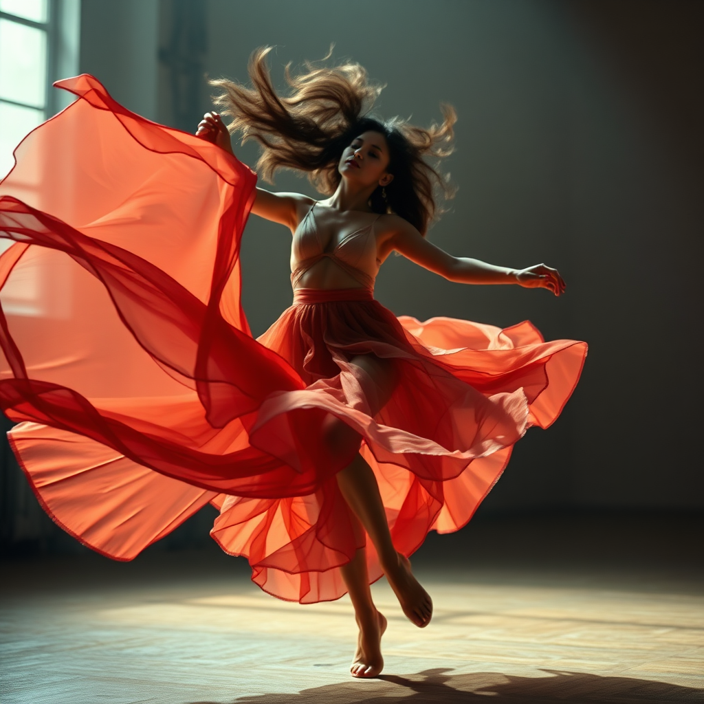 Showcase a captivating subject, like a dancer in motion, with flowing fabrics creating dynamic movement. The background should be softly blurred to focus on the subject while utilizing vibrant colors that echo the dancer's emotions. Lighting should be dramatic, creating shadows and highlights that enhance the motion. The camera angle should be low and close, capturing the essence of movement. Deliver this image in hyperrealistic detail in 8K resolution.