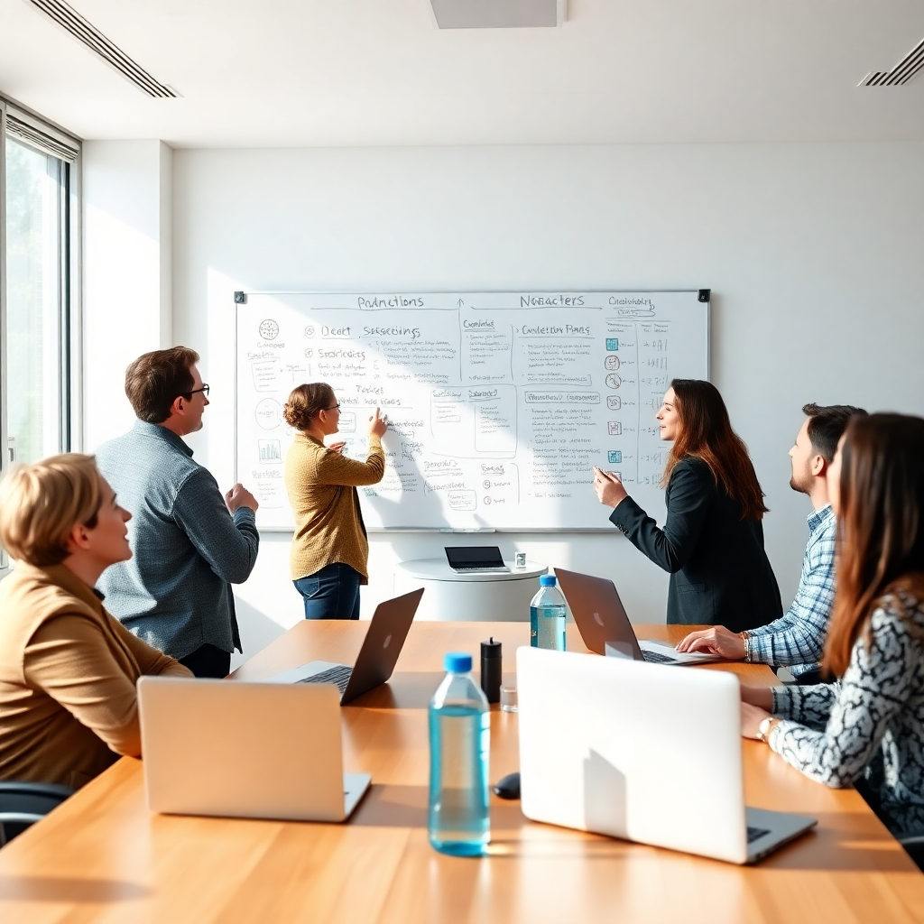 Visualize a boardroom setting where a team is discussing insights dynamically. The camera should focus on a whiteboard filled with strategies and ideas. Use natural window light for a realistic feel, and ensure the participants' expressions reflect engagement and collaboration. Add elements like laptops and water bottles to create a vibrant atmosphere, rendered in high detail.