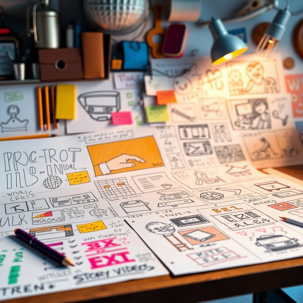 Visualize a compelling storyboard layout with colorful sketches and notes depicting a video concept. The scene should create a creative workspace filled with inspiration, showcasing various ideas being brought to life. The lighting should be warm and inviting, enhancing the creativity of the environment. The color palette should include different shades to add vibrancy to the sketches. This image should symbolize the importance of storytelling and creativity in video production. The overall aesthetics should be rendered in photorealistic style with 8K resolution.