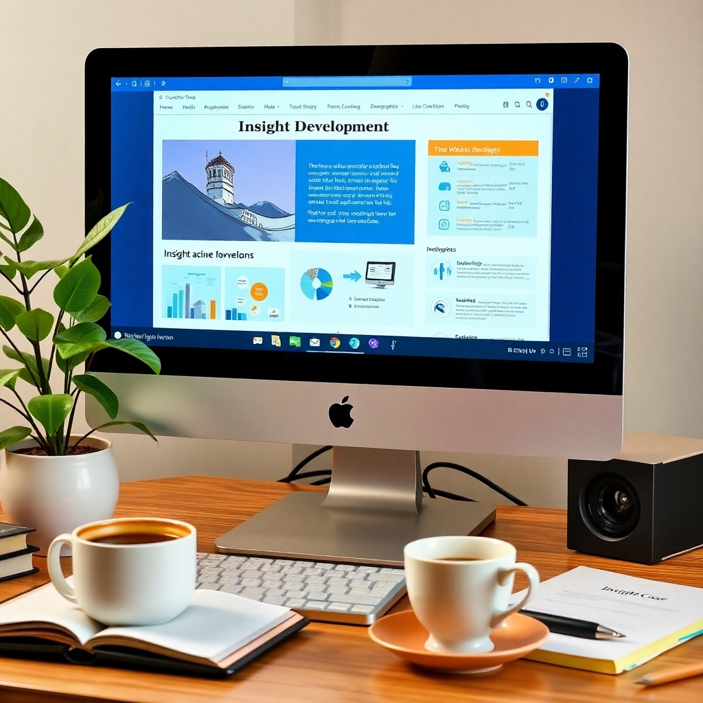 Visualize a computer screen displaying an online course interface, with engaging visuals and infographics related to insight development. Surround the workstation with cozy home-office elements, like a plant and a cup of coffee, to create an inviting learning atmosphere.