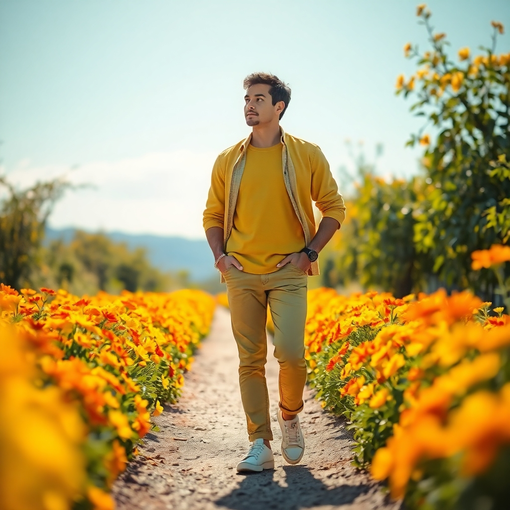 Visualize a confident individual on a sun-drenched path lined with vibrant flowers. The person should be looking towards the horizon, suggesting optimism and future aspirations. The composition should focus on the subject with a slight foreground blur to enhance the depth of field. The color palette should feature bright colors like yellow, orange, and green to reflect vitality. The textures of the flowers and the fabric of the person's clothing should be vividly detailed, evoking the spirit of fresh beginnings. This scene should energize viewers about their potential and rendered in hyperrealistic style with 8K resolution.